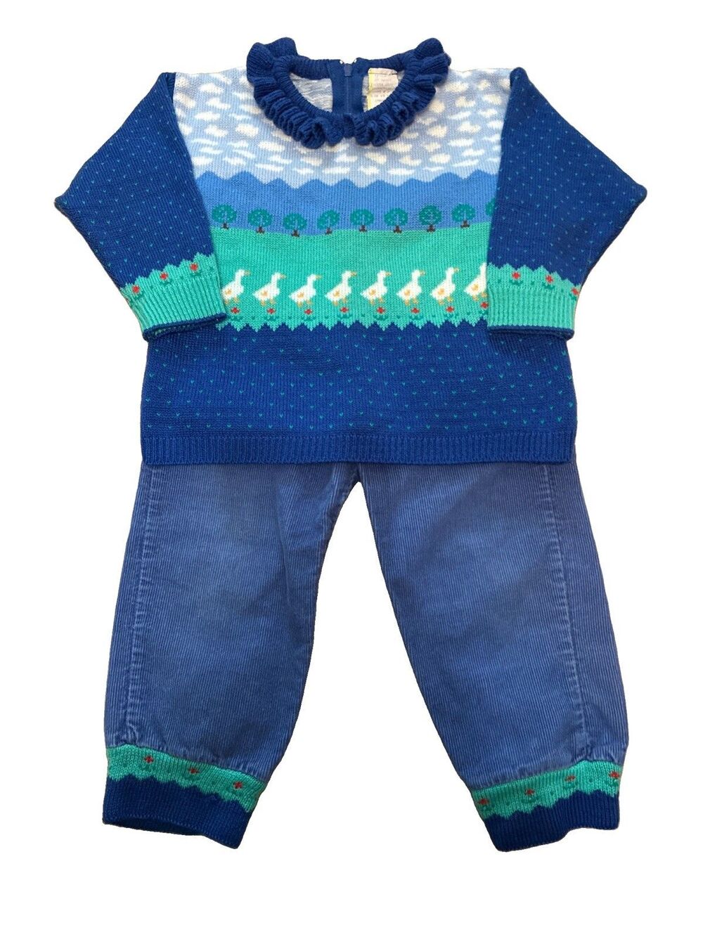 Vintage 70-80s Toddler Goose Sweater Pant Set 2T Ruffle Collar Duck Cottage Farm